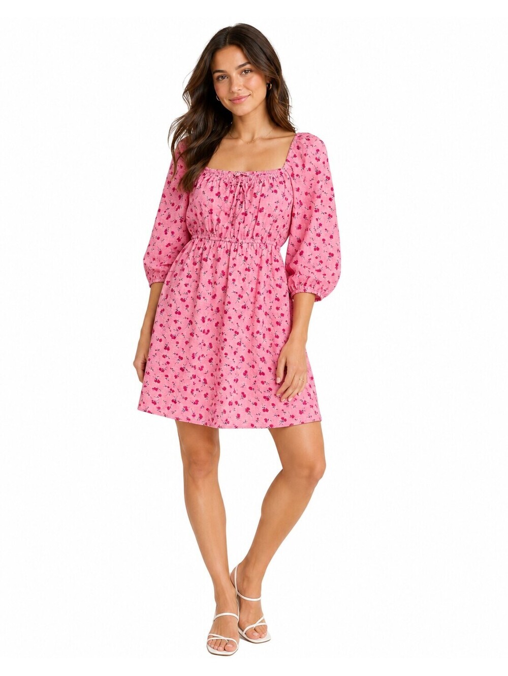Bailey Rose Pink Milkmaid Dress Cottagecore Floral Puff Sleeve Mini Dress NWT XS